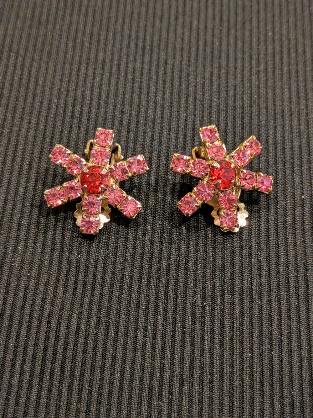 B#4: Pink Crystal Starburst Clip-On Earrings Vintage 1950 - 1960s
